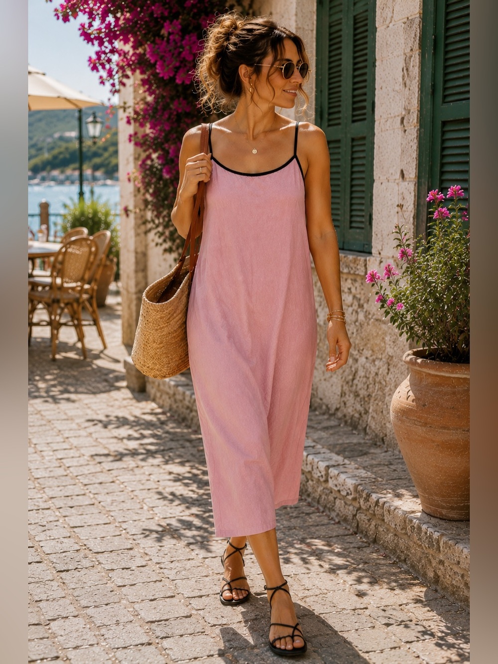 100% Linen Blush Pink Midi Dress A-Line Boutique Dress